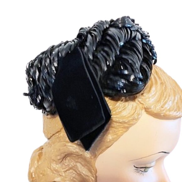 1950s Black Vintage Straw Band Cocktail Hat With Velvet Trim - Picture 5 of 7